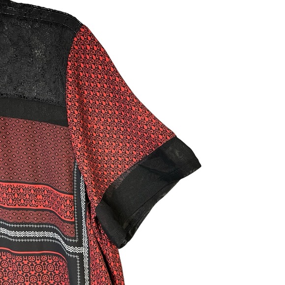 EXPRESS Dress Size Large Red‎ Black Geometric Lace Trim Short Sleeve - Picture 3 of 13